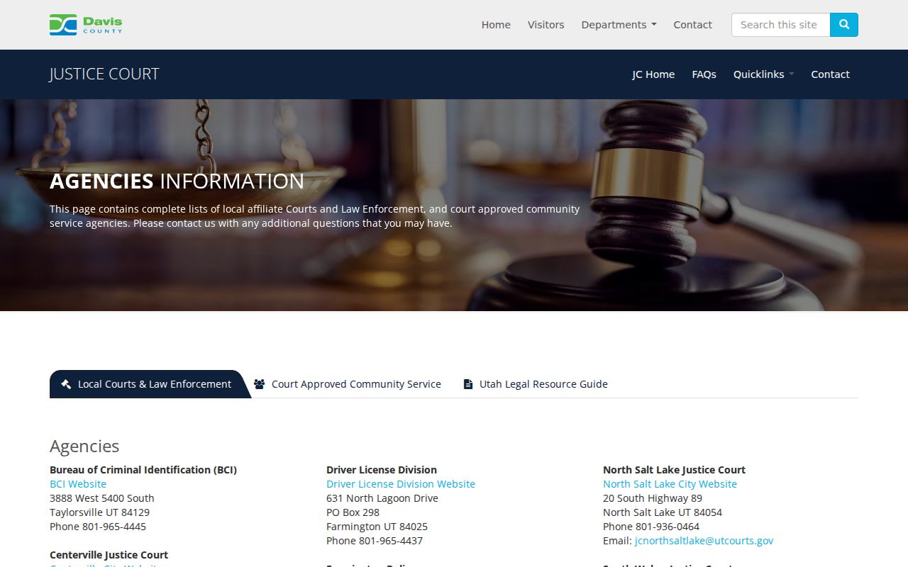 Davis County warrant records, court and agency contact directory