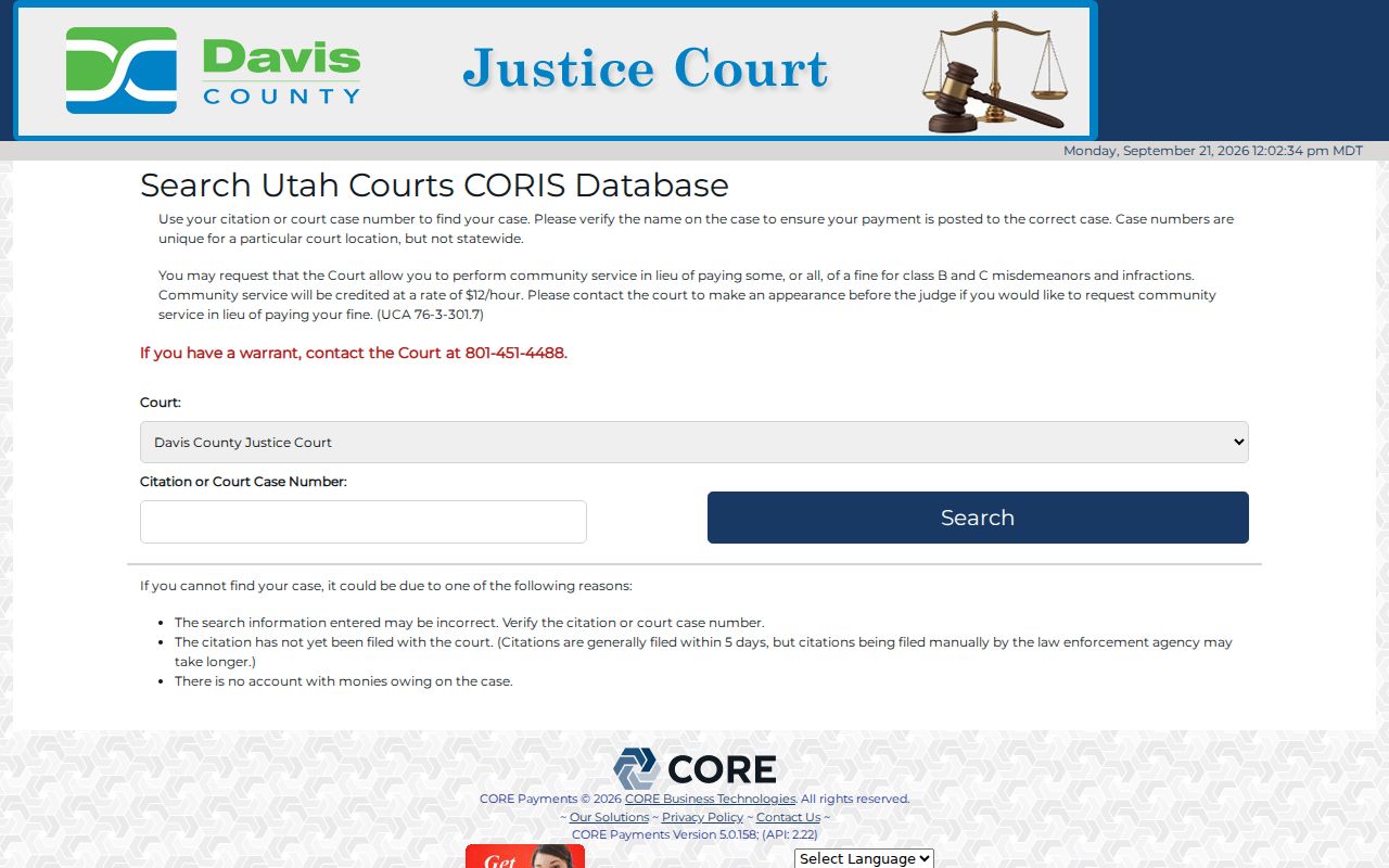 Davis County traffic warrant records, official court citation payment search